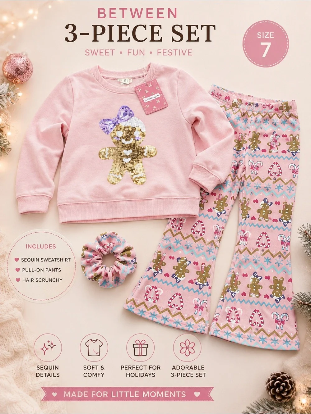 btween Pink Sequin Gingerbread 3-Piece Pajama Set
